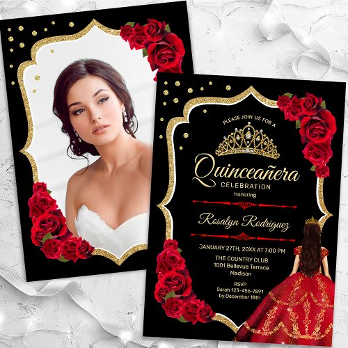 Black Red Gold Dress Quinceanera Photo Invitation