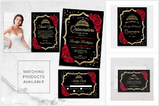 Black Red Gold Elegant Quinceanera