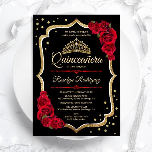  Black Red Gold Elegant Quinceanera Invitation