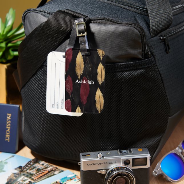 Black Red Gold Feathers   Luggage Tag (Front & Back)