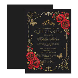 Black Red Gold Floral Butterfly Quinceanera Invitation