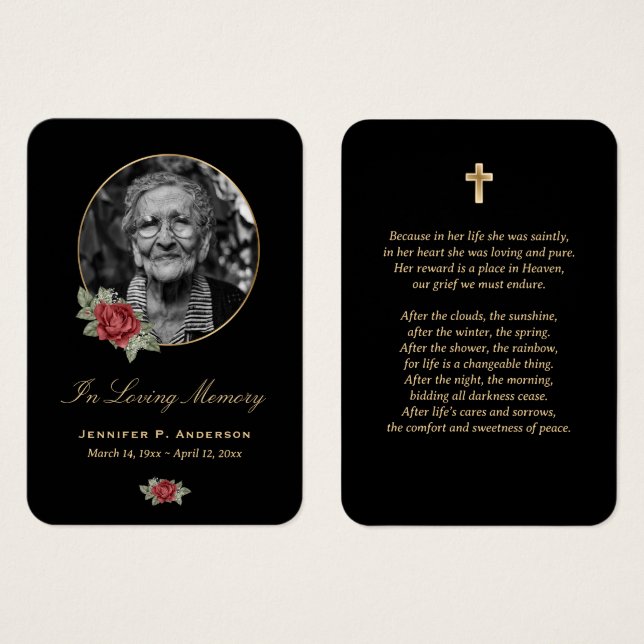 Black Red Gold Floral Memorial Cards (Front & Back)