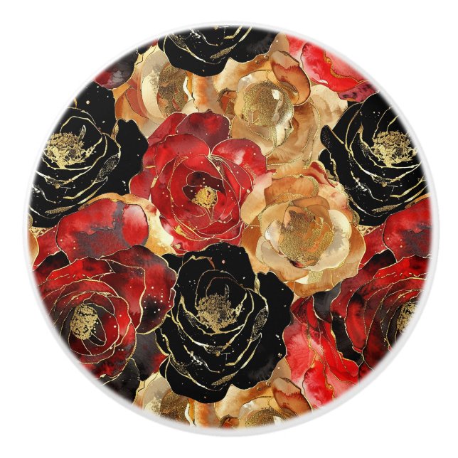 Black Red Gold Flowers Ceramic Knob (Front)