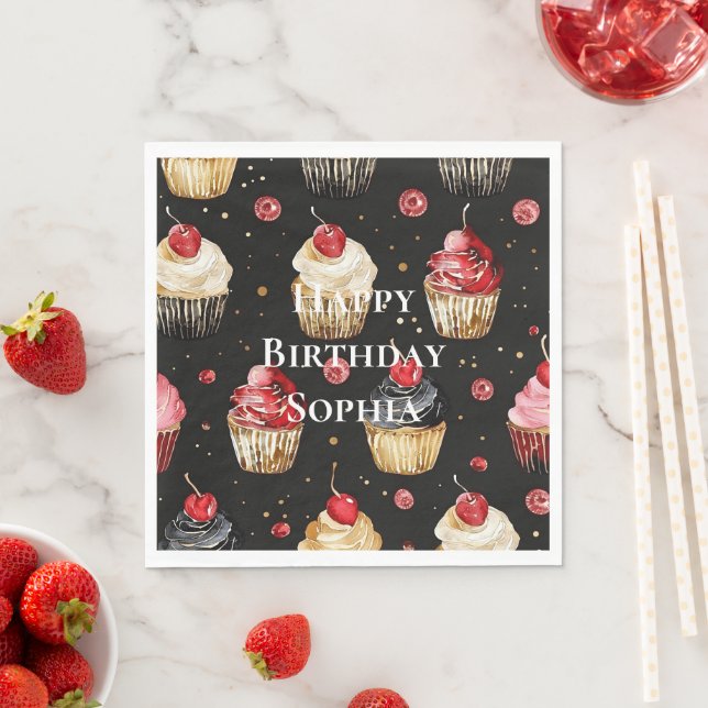 Black Red Gold Glam Cupcakes Birthday Napkins (Insitu)
