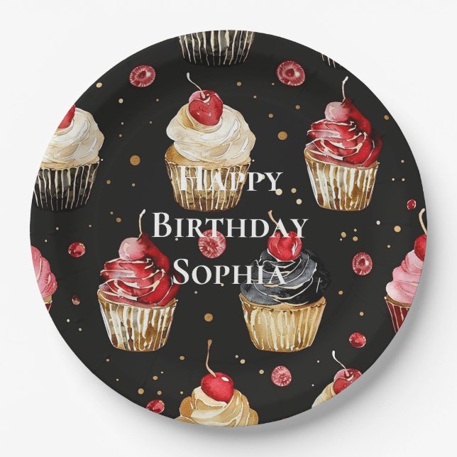Black Red Gold Glam Cupcakes Birthday Paper Plates (Front)