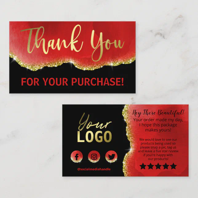 Black Red Gold Glitter Foil Agate Thank You Business Card | Zazzle