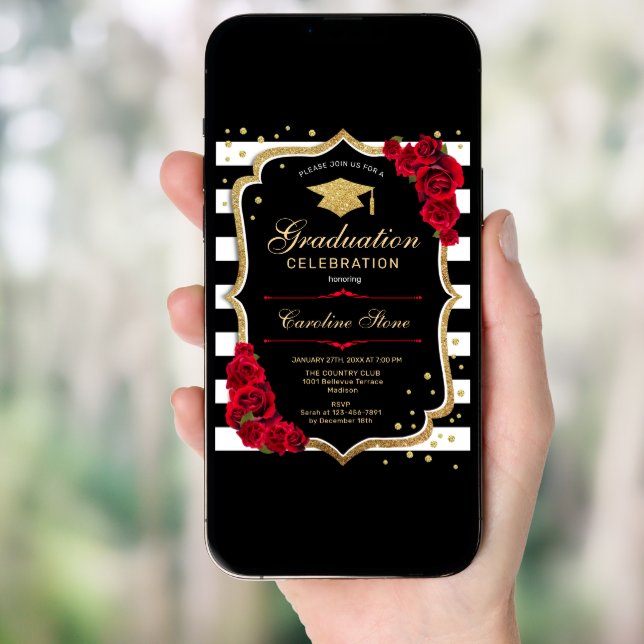 Black Red Gold Graduation Party Invitation (Front Digital)
