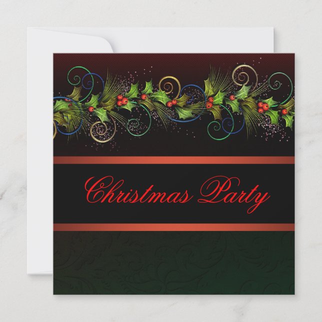 Black Red Gold Holly Christmas Party Invitation (Front)