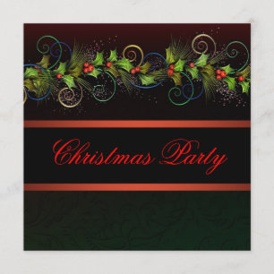 Black Red Gold Holly Christmas Party Invitation