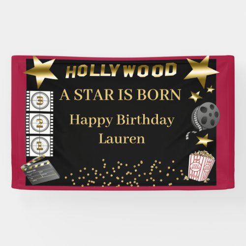 Black Red Gold Hollywood A Star is Born Birthday Banner