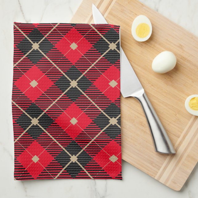 Black Red Gold Lumberjack Plaid Pattern  Kitchen Towel (Quarter Fold)