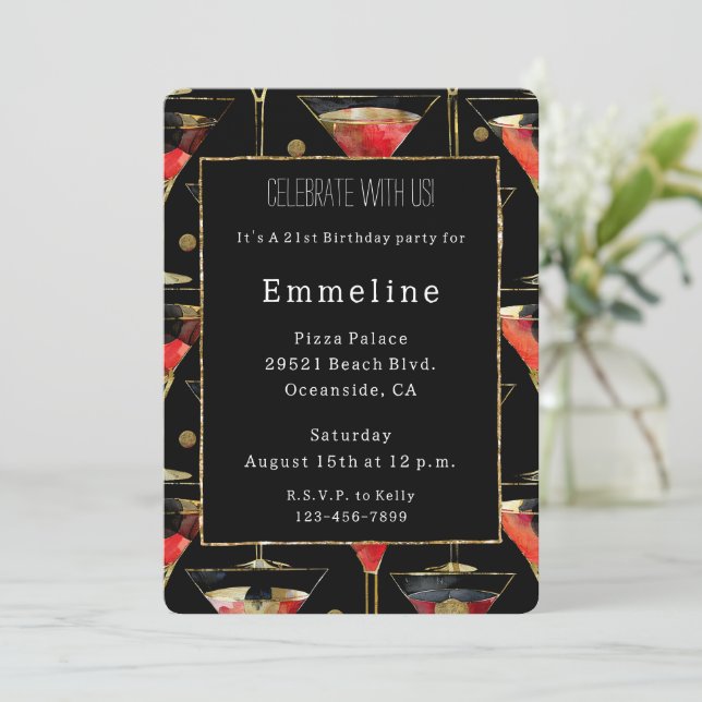 Black Red Gold Martini Birthday   Invitation (Standing Front)