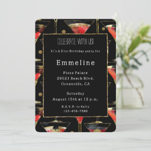 Black Red Gold Martini Birthday Invitation