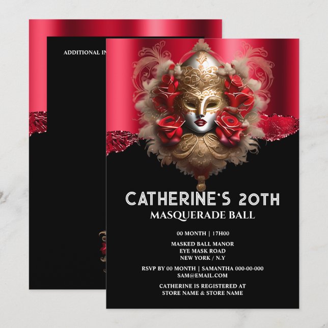 Black red gold masquerade birthday carnival mask  invitation (Front/Back)