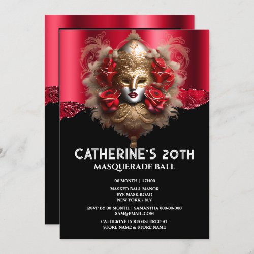 Black red gold masquerade birthday carnival mask  invitation