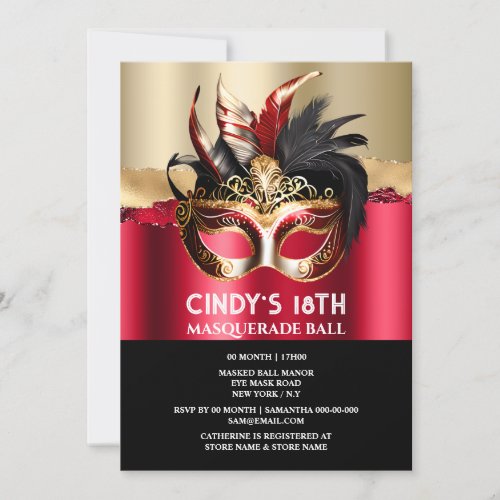 Black red gold masquerade birthday face mask chic invitation