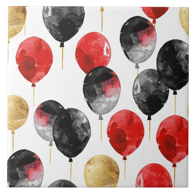 Black Red Gold Party Balloons Ceramic Tile (Front)