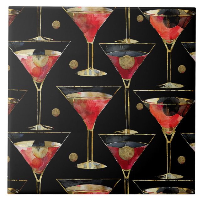 Black Red Gold Party Drinks Ceramic Tile (Front)