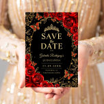 Black Red Gold Quinceanera Floral Save The Date<br><div class="desc">Black red gold Quinceanera celebration save the date card. Features,  script font,  gold butterflies,  watercolor roses and tiara. Perfect for an elegant princess style glam celebration. Personalize with your own details. Printed Zazzle cards or instant download digital printable template.</div>