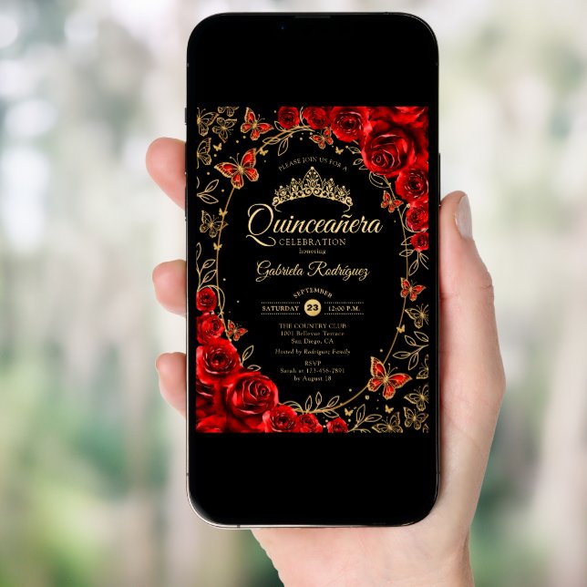 Black Red Gold Quinceanera Invitation (Front Digital)