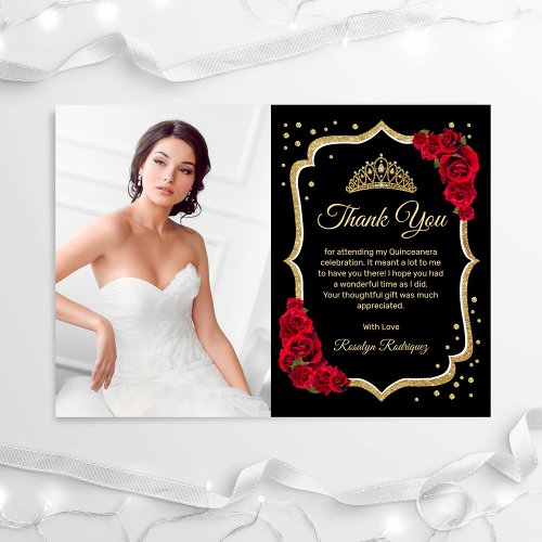 Black Red Gold Quinceanera Photo Thank You Card