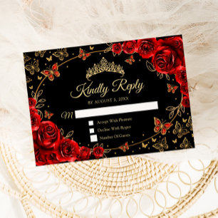 Black Red Gold Quinceanera Reply RSVP Card