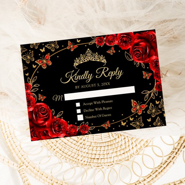 Black Red Gold Quinceanera Reply RSVP Card (Creator Uploaded)