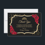 Black Red Gold Quinceanera Thank You Card<br><div class="desc">Black red  gold Quinceanera celebration thank you card. Features script font,  red roses,  tiara and confetti. Classy design with faux glitter gold. Perfect for an elegant glam celebration.</div>