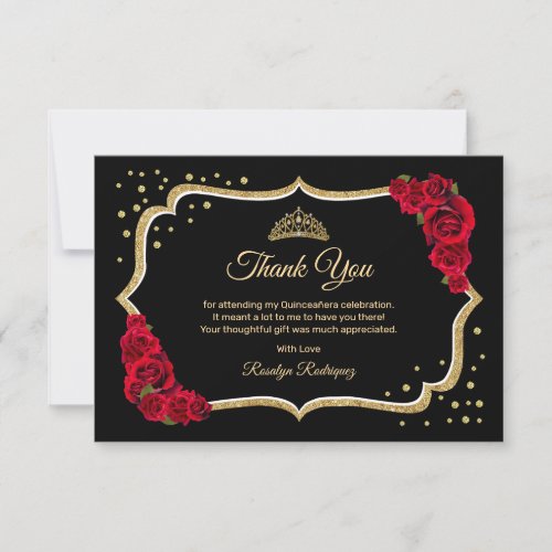 Black Red Gold Quinceanera Thank You Card