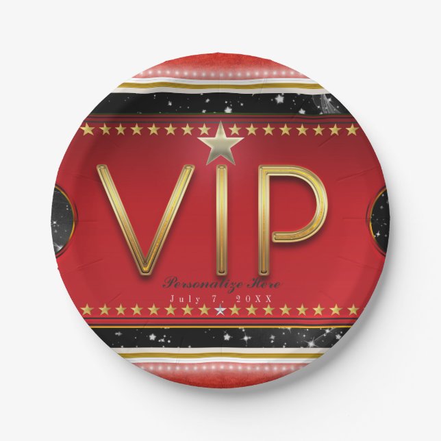Black Red Gold & Silver Glam VIP Ticket Party Paper Plates (Front)