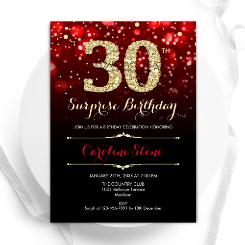 Black Red Gold Surprise 30th Birthday Invitation