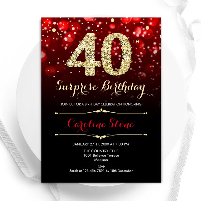 Black Red Gold Surprise 40th Birthday Invitation (Creator Uploaded)