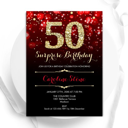 Black Red Gold Surprise 50th Birthday Invitation