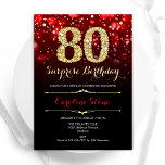 Black Red Gold Surprise 80th Birthday Invitation<br><div class="desc">Surprise 80th birthday party invitation. Elegant red black design with faux glitter gold. Features stylish diamonds, bokeh lights and script font. Men or women bday invite. Perfect for a stylish adult birthday party. Personalize with your own details. Message me if you need further customization. Printed Zazzle invitations or instant download...</div>