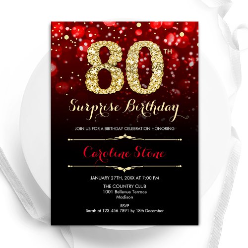 Black Red Gold Surprise 80th Birthday Invitation