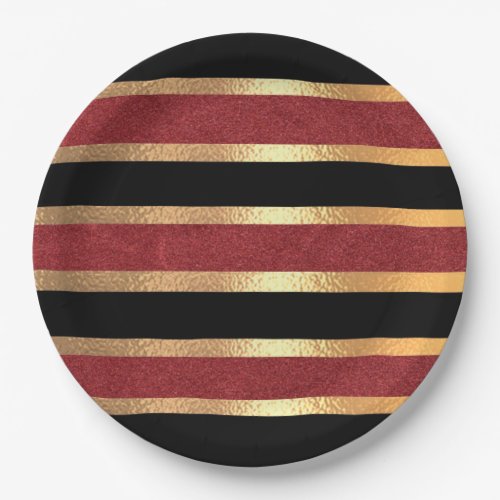 Black Red Golden Stripes Modern  Paper Plates