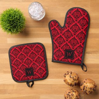 Black Red Gothic Damask Floral Pattern Monogrammed
