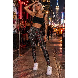 Black Red Gothic Spider Web Leggings for Women