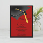 Black Red Grad Cap Graduation Party Invitation (Standing Front)