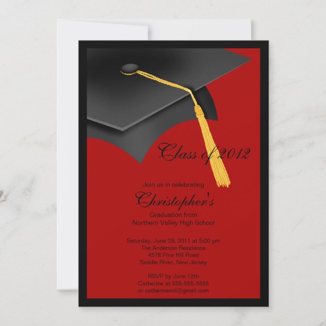 Black Red Grad Cap Graduation Party Invitation (Front)