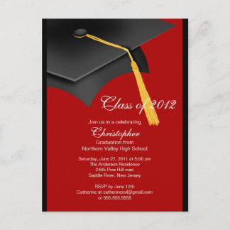 Black Red Grad Cap Graduation Party Invitation Postcard