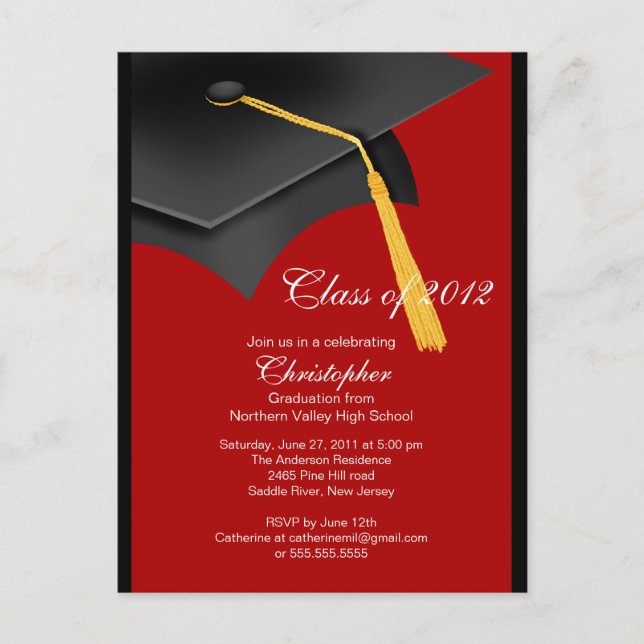 Black Red Grad Cap Graduation Party Invitation Postcard (Front)