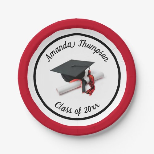 Black Red Graduation Cap and Tassel  Custom Paper Plates