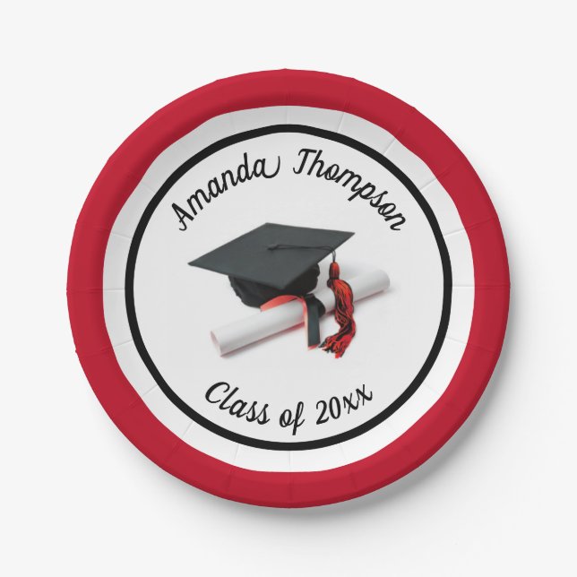 Black Red Graduation Cap and Tassel | Custom Paper Plates (Front)