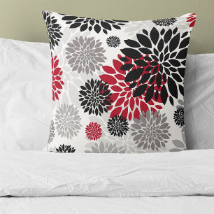 Black Red Gray Flower Pattern Throw Pillow