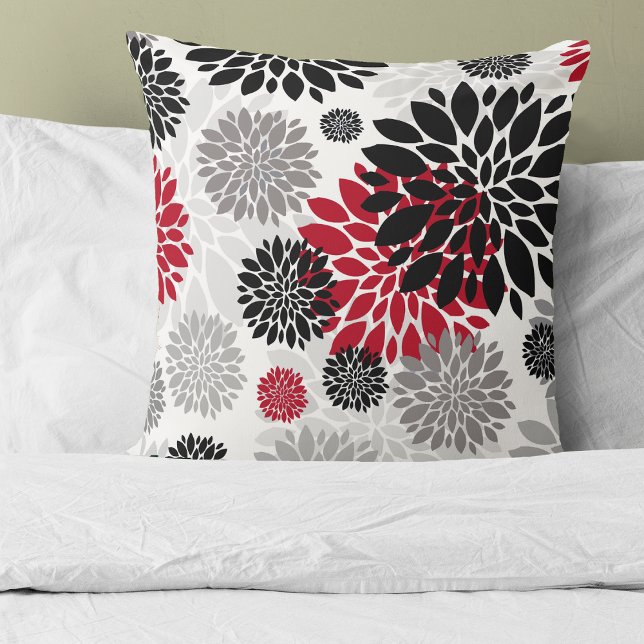 Black Red Gray Flower Pattern Throw Pillow (Creator Uploaded)