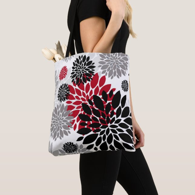 Black Red Gray Oversized Floral Pattern Tote Bag (Close Up)