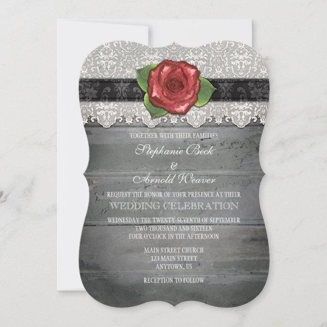 Black Red Gray Rustic Wood Rose Wedding Invite (Front)