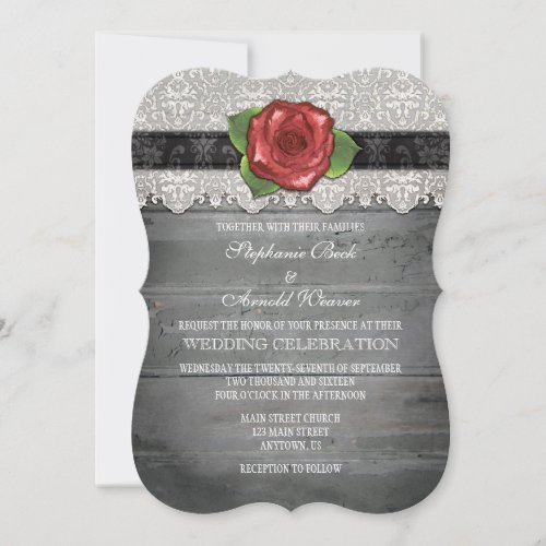 Black Red Gray Rustic Wood Rose Wedding Invite