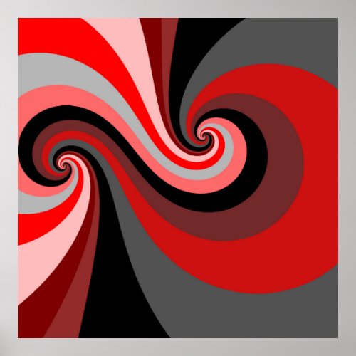 Black Red Gray Swirling Retro Spiral Waves Poster